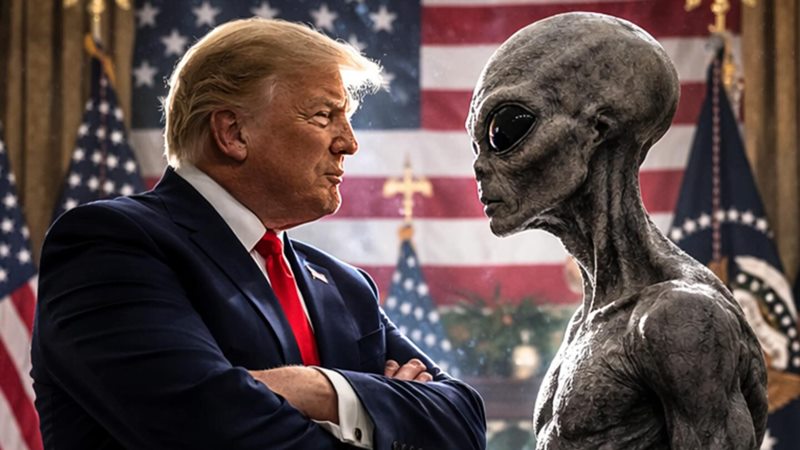 Donald Trump és egy szürke idegen (AI-illusztráció)